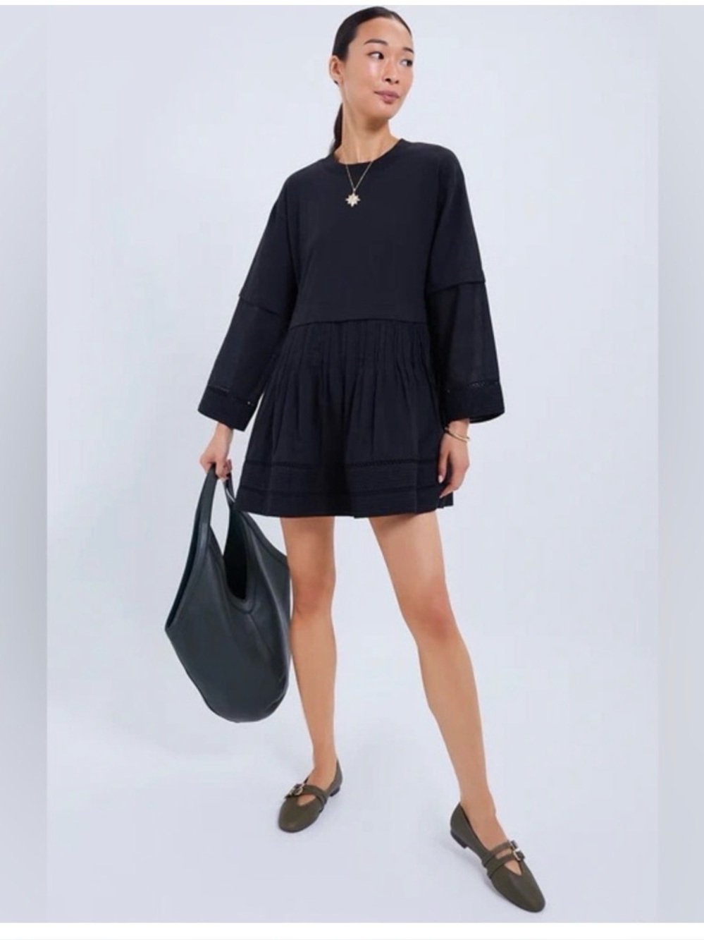 Sea New York Renata Black Long-Sleeve Smock Ramie Dress